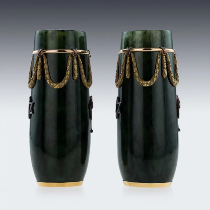 RUSSIAN STYLE 18K GOLD, NEPHRITE, DIAMONDS, RUBIES, VASES