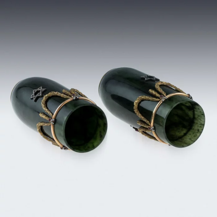RUSSIAN STYLE 18K GOLD, NEPHRITE, DIAMONDS, RUBIES, VASES