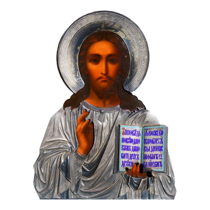 An ancient image of the Savior in an exquisite silver setting with enamel. Russia, Moscow, 1890. 