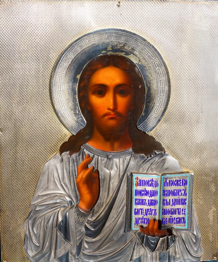 An ancient image of the Savior in an exquisite silver setting with enamel. Russia, Moscow, 1890. 