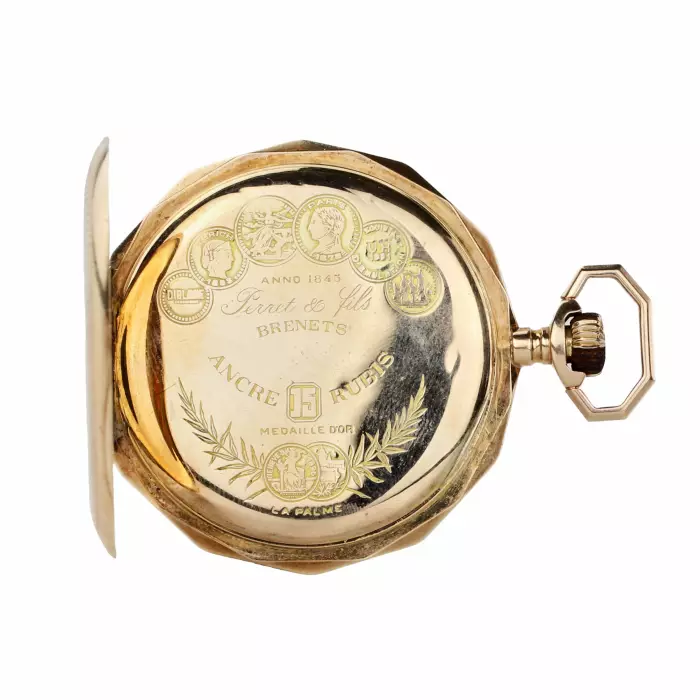 Montre de poche en or Perret et Fils Brenets. Debut du 20ème siècle. 67,2 gr 