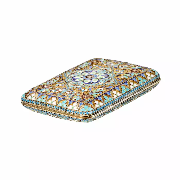 Silver cigarette case with gilding and cloisonne enamels. 