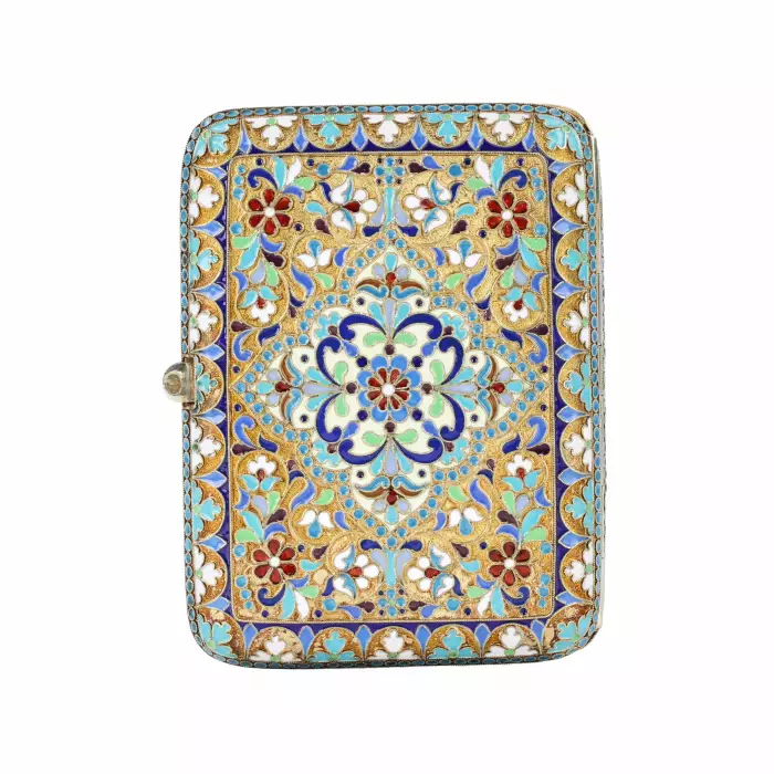 Silver cigarette case with gilding and cloisonne enamels. 