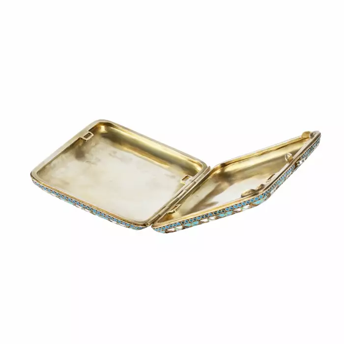Silver cigarette case with gilding and cloisonne enamels. 