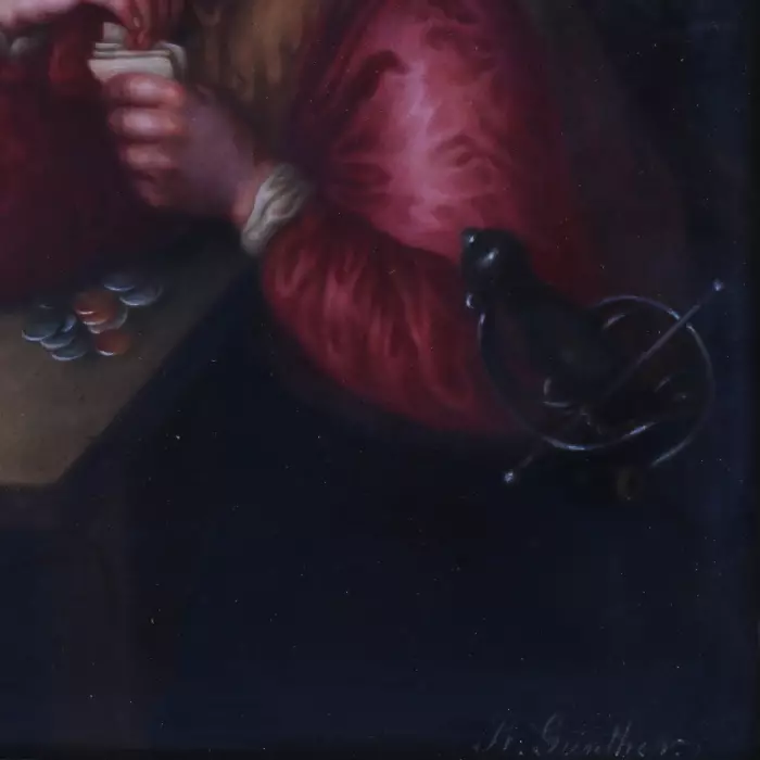 R. Gunther. Couche en porcelaine allemande d`après Valentin de Boulogne. Les joueurs. Le tournant du 19e-20e siècle. 