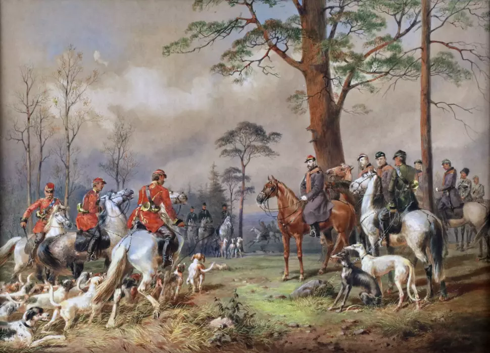 M.A. Zichy. Watercolor. Horse hunting of Alexander II near St. Petersburg. 