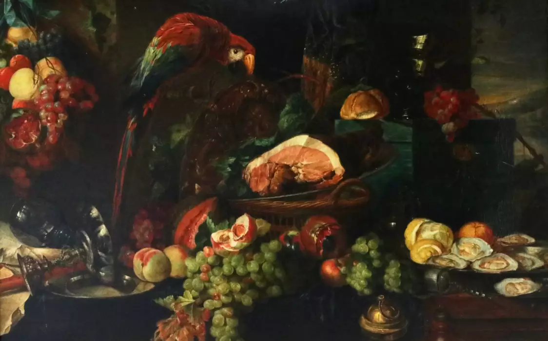Nature morte majestueuse avec des cadeaux de la nature et un perroquet. 19ème siècle. Par Jan David De Heem. 
