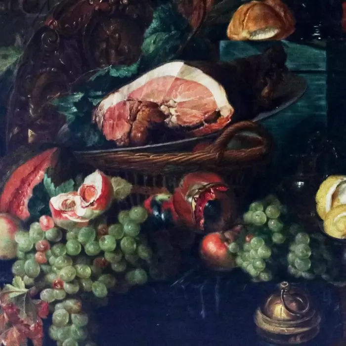 Nature morte majestueuse avec des cadeaux de la nature et un perroquet. 19ème siècle. Par Jan David De Heem. 