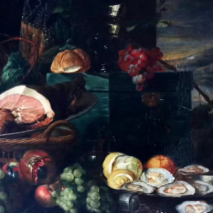 Nature morte majestueuse avec des cadeaux de la nature et un perroquet. 19ème siècle. Par Jan David De Heem. 