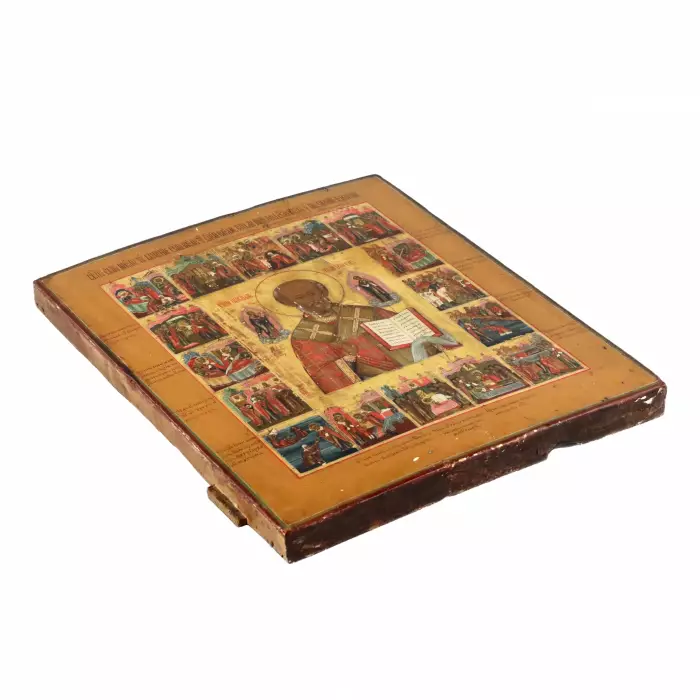 ICON OF SAINT NICHOLAS THE WONDERWORKER WITH SCENES FROM HIS LIFE ON A CYPRESS WOOD PANEL. RUSSIA, SECOND HALF OF THE 19TH CENTURY
