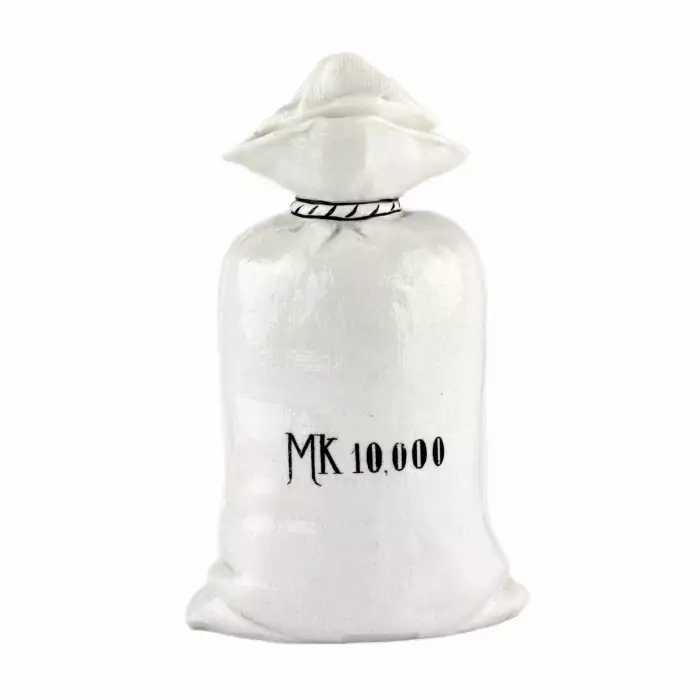Porcelain bottle Mein flüssiges Kapital, in the shape of a canvas money bag. 