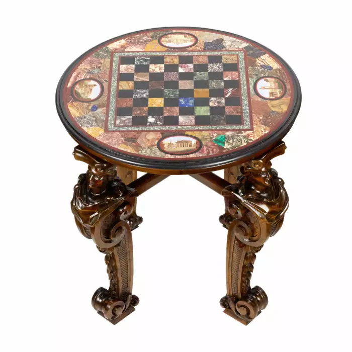 IMPRESSIVE CHESS TABLE WITH PRECIOUS ROMAN MOSAIC ON CARVED LEGS. ITALY. 19TH CENTURY