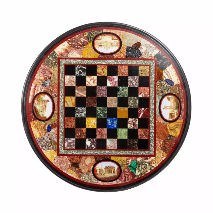 IMPRESSIVE CHESS TABLE WITH PRECIOUS ROMAN MOSAIC ON CARVED LEGS. ITALY. 19TH CENTURY