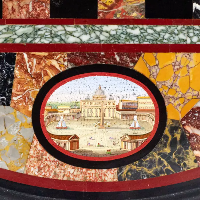 IMPRESSIVE CHESS TABLE WITH PRECIOUS ROMAN MOSAIC ON CARVED LEGS. ITALY. 19TH CENTURY