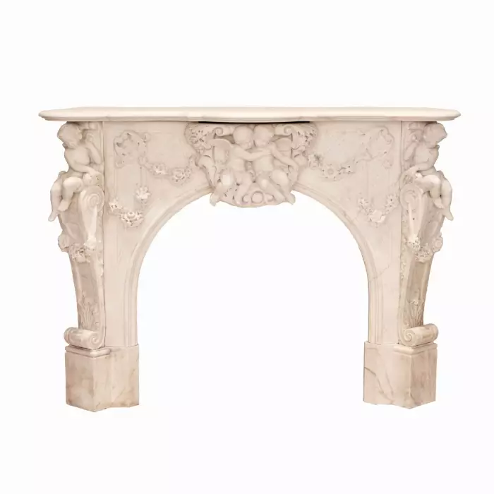 GRANDE CHEMINÉE FRANÇAISE EN MARBRE BLANC DE STYLE LOUIS XV FRANCE, TROISIÈME QUART DU XIXᵉ SIÈCLE