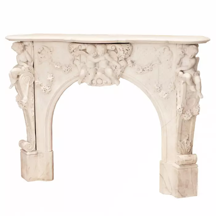 GRANDE CHEMINÉE FRANÇAISE EN MARBRE BLANC DE STYLE LOUIS XV FRANCE, TROISIÈME QUART DU XIXᵉ SIÈCLE