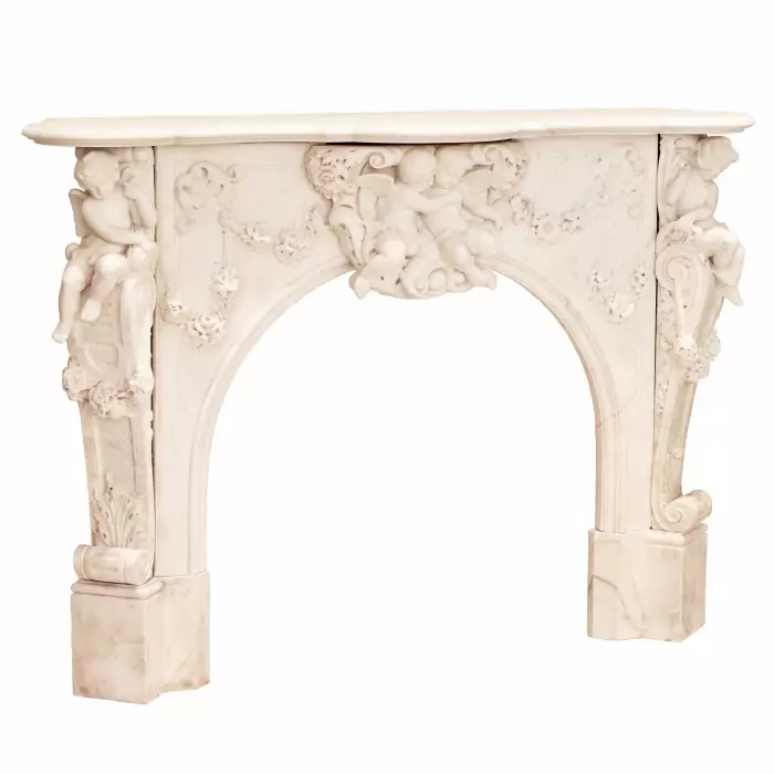 GRANDE CHEMINÉE FRANÇAISE EN MARBRE BLANC DE STYLE LOUIS XV FRANCE, TROISIÈME QUART DU XIXᵉ SIÈCLE