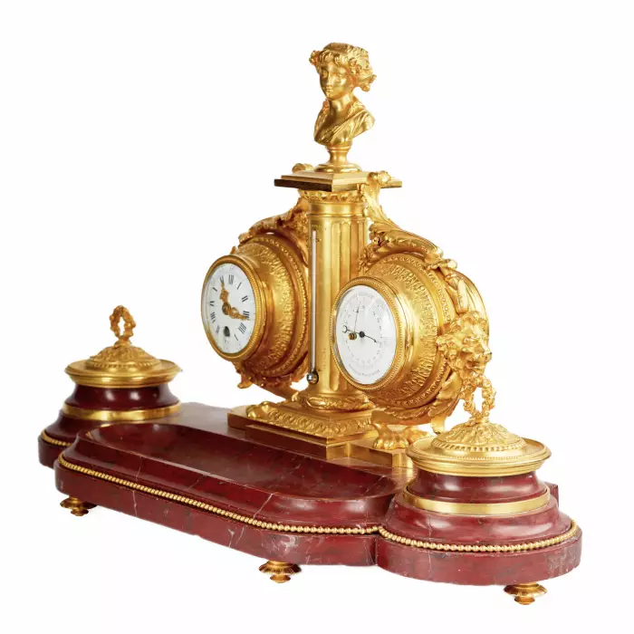 Necessaire d`ecriture en marbre merisier, bronze dore : horloge, thermomètre et baromètre. 19ème siècle. 