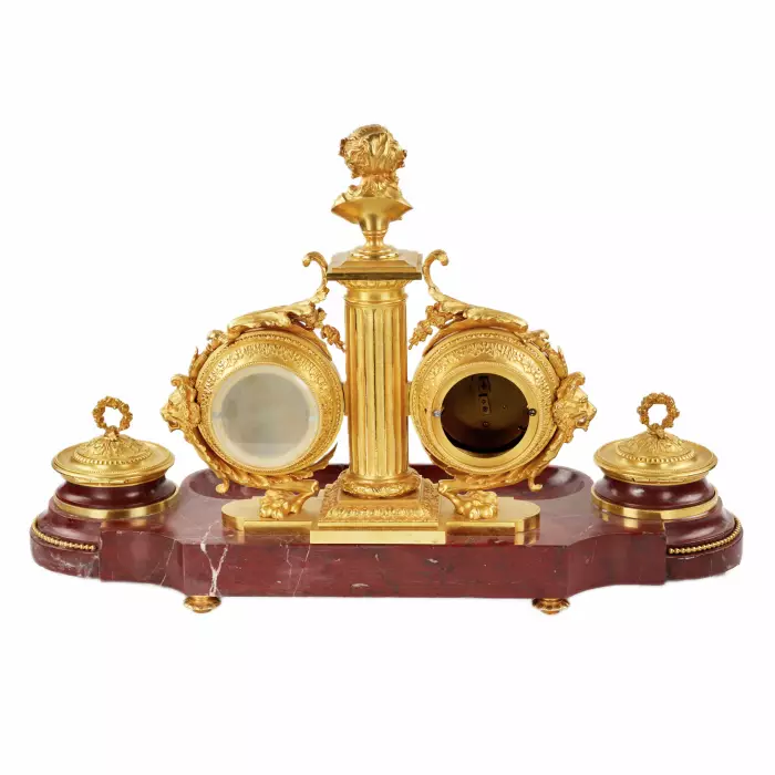 Necessaire d`ecriture en marbre merisier, bronze dore : horloge, thermomètre et baromètre. 19ème siècle. 