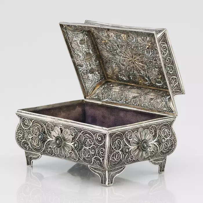 Boite en filigrane d`argent du 19ème siècle. Odessa, Empire russe, 1898-1908 