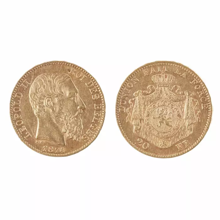 Золотая монета достоинством 20 франков. Леопольд II король Бельгии. 1874 г. 