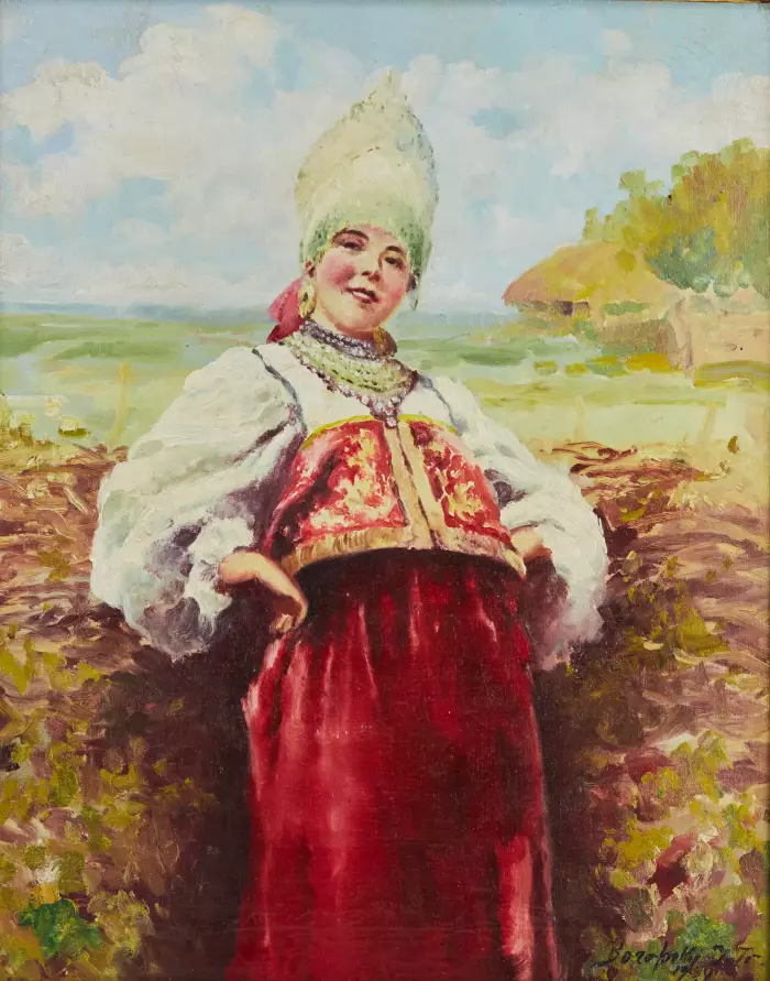 Beaute russe dans un kokoshnik près de la clôture. Copie de K. Makovsky À la peripherie. 1939 