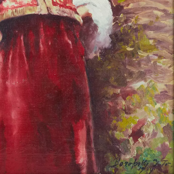 Beaute russe dans un kokoshnik près de la clôture. Copie de K. Makovsky À la peripherie. 1939 