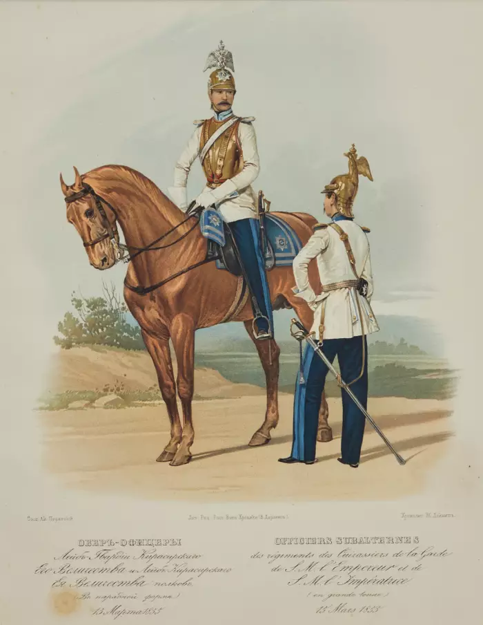 Chromolithograph of the dress uniform of chief officers of the Life Guards Cuirassier Regiment in 1855. 
