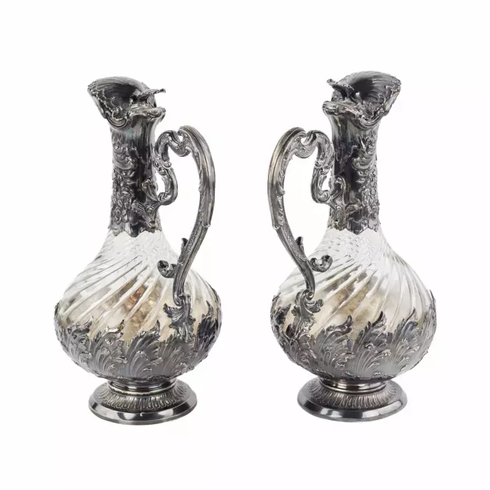 Frangière et Laroche. Paire de pichets à vin en verre français en argent des annees 1880. 