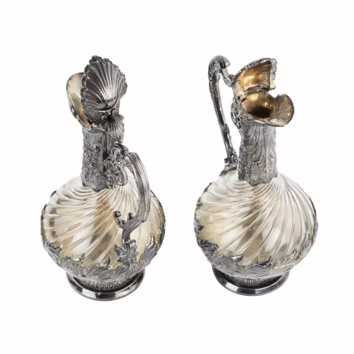 Frangière et Laroche. Paire de pichets à vin en verre français en argent des annees 1880. 