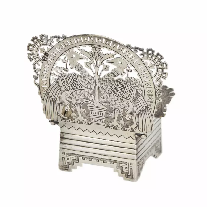 Russian silver salt cellar-throne in the neo-Russian style from the workshop of A. FULDA. Moscow 1881.