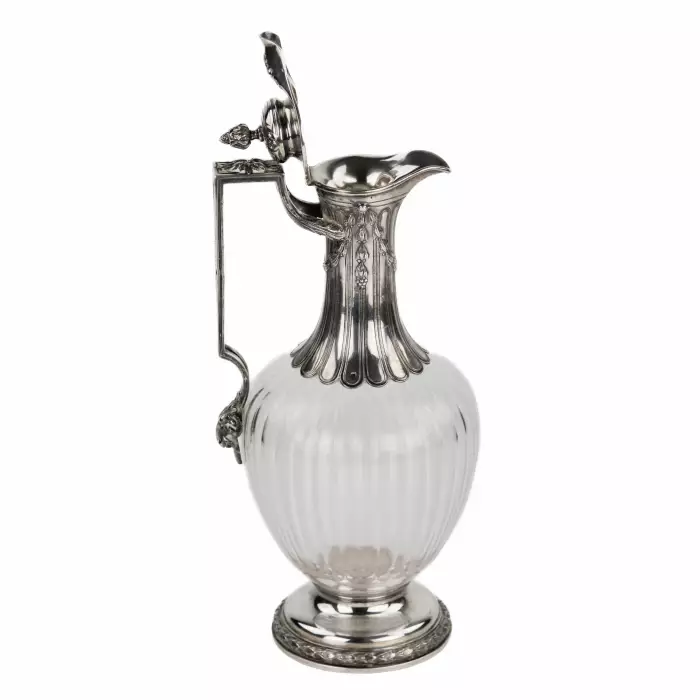 Andre Aukok. Majestueuse et noble cruche à vin en verre cannele en argent d`epoque Napoleon III. Andre Aukok 