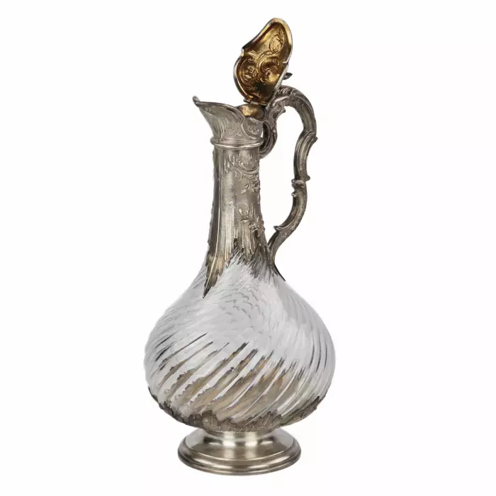 French fluted glass wine jug in silver in the style of Louis XV, late 19th century.