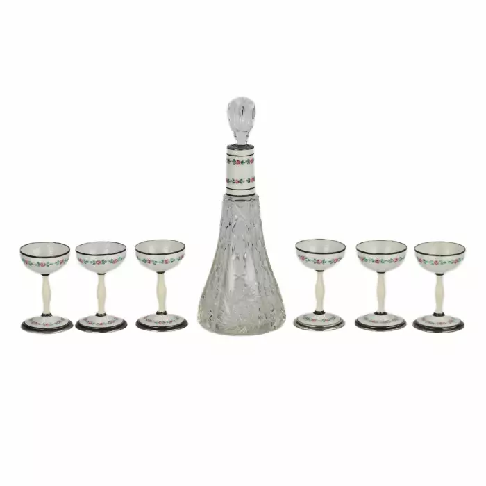 Service à liqueur pour six personnes en cristal argente et email guilloche. Debut du 20ème siècle.