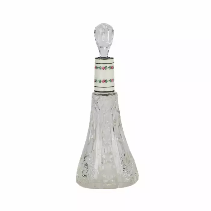 Service à liqueur pour six personnes en cristal argente et email guilloche. Debut du 20ème siècle.