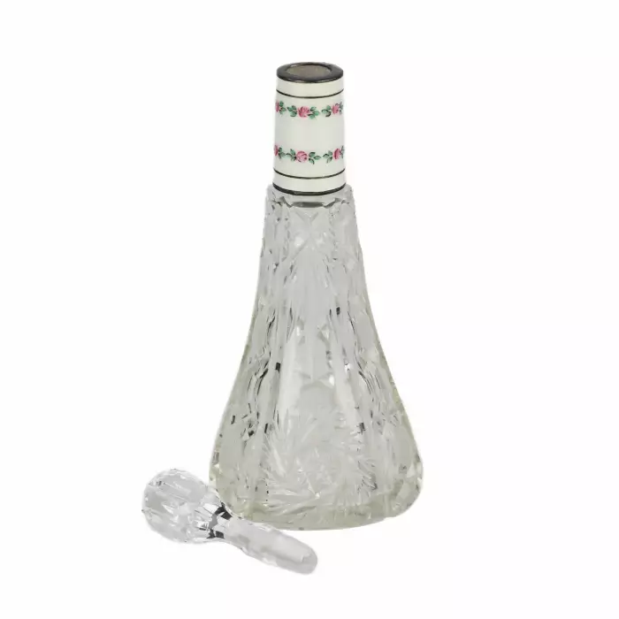 Service à liqueur pour six personnes en cristal argente et email guilloche. Debut du 20ème siècle.
