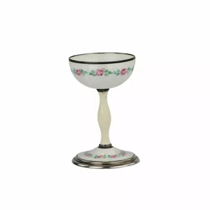 Service à liqueur pour six personnes en cristal argente et email guilloche. Debut du 20ème siècle.