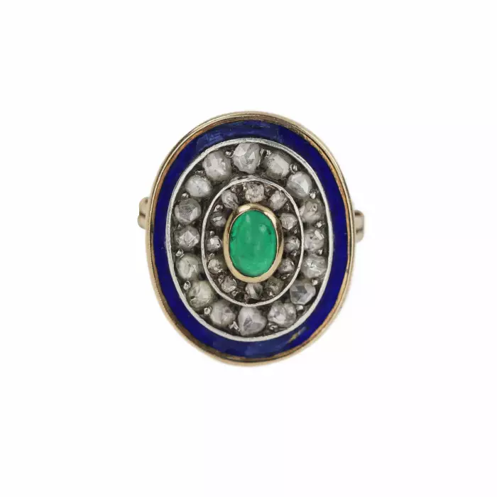 Bague en or 583, avec émeraude, diamants et émail bleu. 