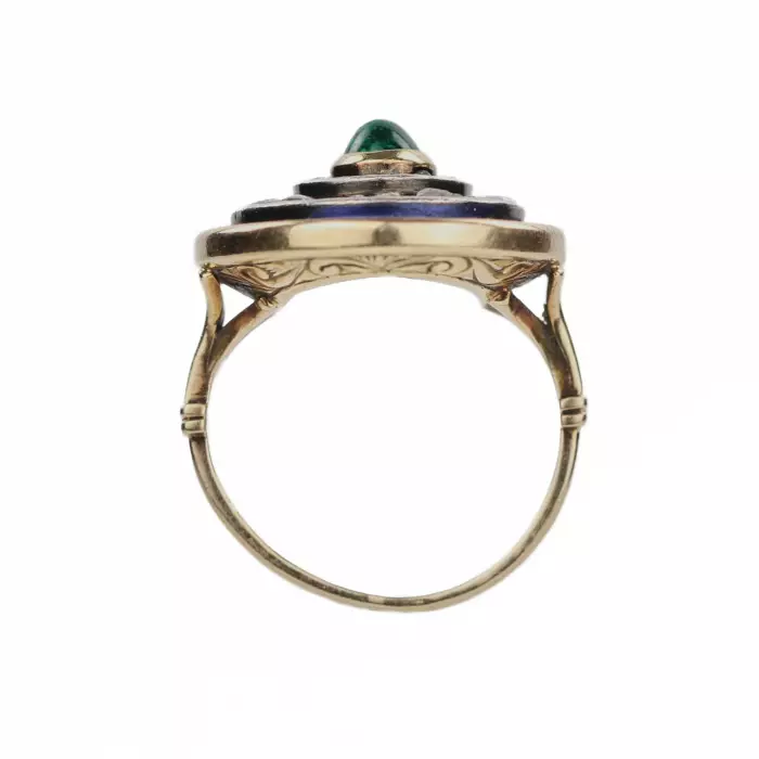 Bague en or 583, avec émeraude, diamants et émail bleu. 