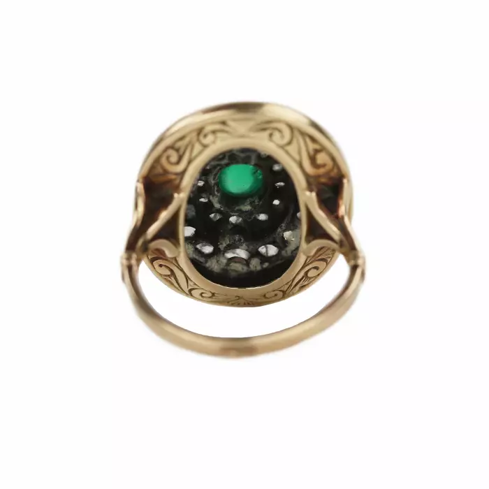 Bague en or 583, avec émeraude, diamants et émail bleu. 
