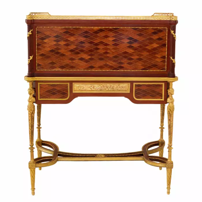 E.KAHN. Magnifique bureau cylindrique en acajou et bois satiné avec bronze doré. 
