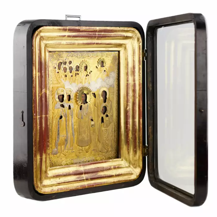 Icon of the Intercession of the Blessed Virgin Mary in a silver frame. Moscow. Russia 19th century. 