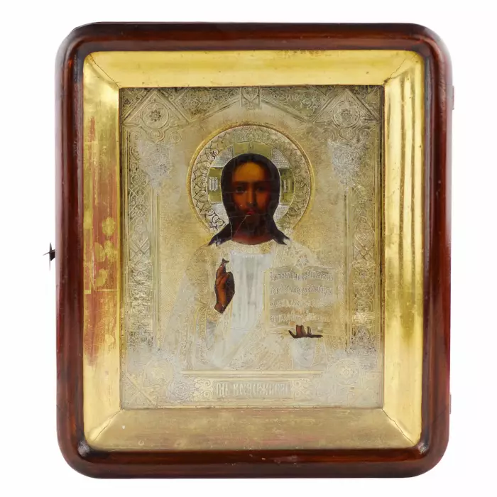 Icône du Christ Pantocrator dans un cadre et un étui à icônes. Fin du 19ème siècle. 