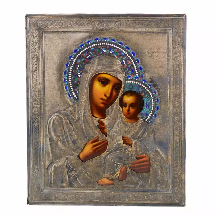 Icon of the Tikhvin Most Holy Theotokos in a silver frame and with cloisonné enamel. 1899-1908 