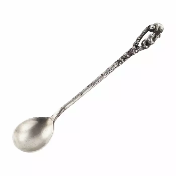 Russian, silver spoon Little bears, object illustration “Mornings in a pine forest.” Early 20th century.