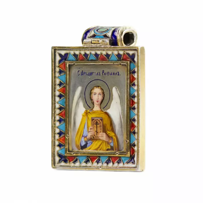 ICÔNE RUSSE EN ARGENT DE L’ARCHANGE RAPHAËL, ÉMAUX PEINTS ET CLOISONNÉS. FIN DU XIXᵉ SIÈCLE.