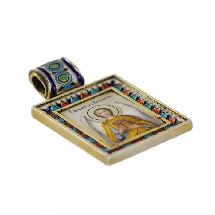 ICÔNE RUSSE EN ARGENT DE L’ARCHANGE RAPHAËL, ÉMAUX PEINTS ET CLOISONNÉS. FIN DU XIXᵉ SIÈCLE.