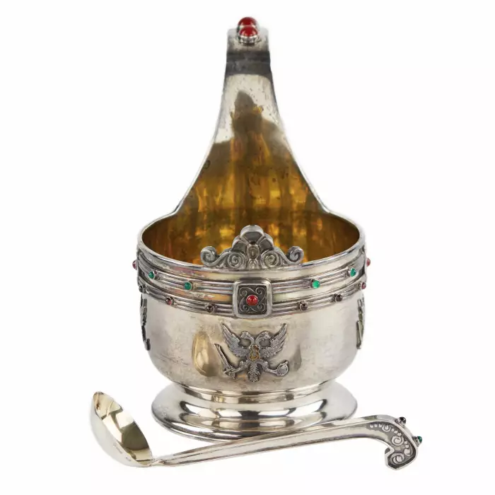 Large silver kovsh in Art Nouveau style by Faberge. Yuliy Rappoport. Early 20th century. 