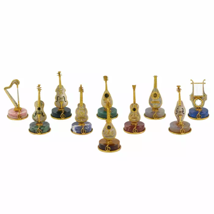 Set of Italian, silver miniatures of ten Renaissance string instruments. 