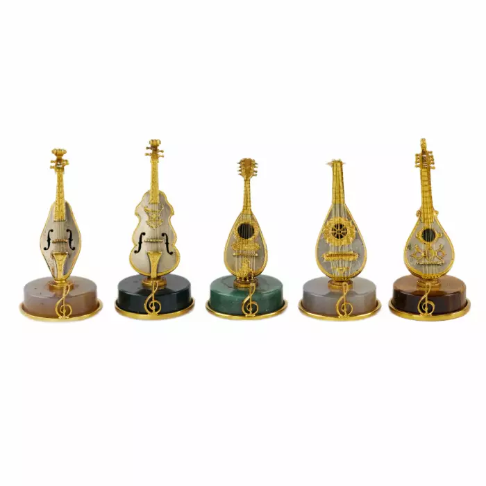Set of Italian, silver miniatures of ten Renaissance string instruments. 